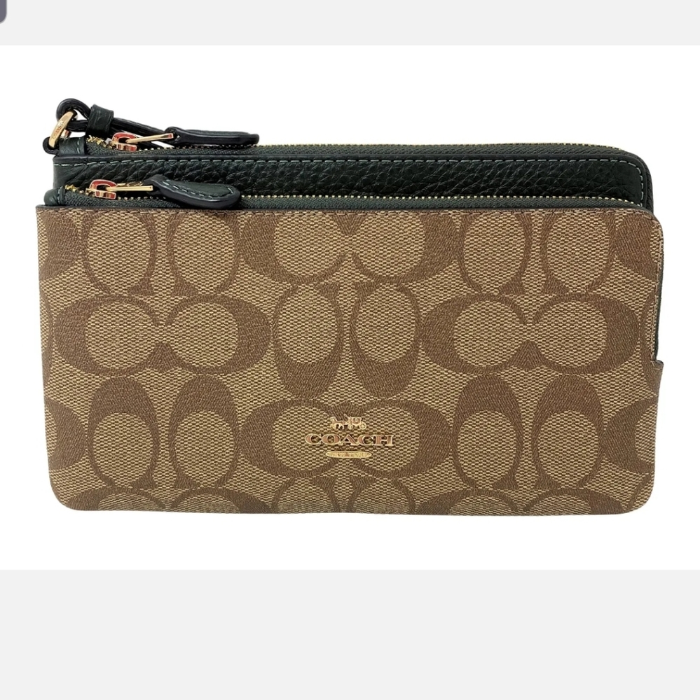 Coach double zip wallet in signature coated canvas( khaki Amazon green)